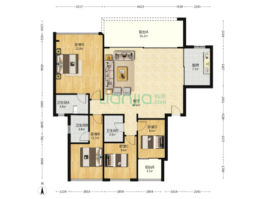 星河江缦 4室1厅3卫 178平方