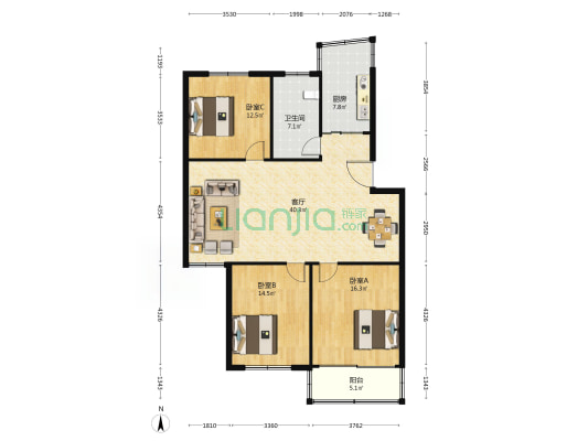 周新农贸市场 3室1厅1卫 121平方