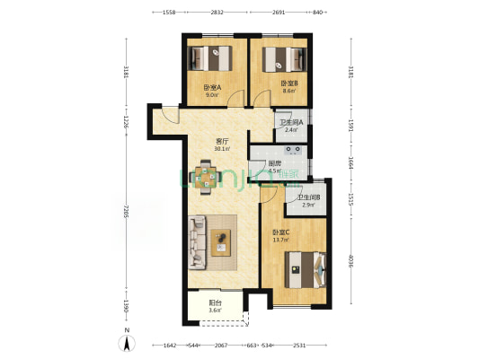 孔雀城 3室1厅2卫 107平方