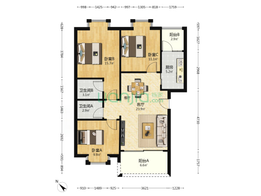 虹晖苑 3室1厅2卫 92平方