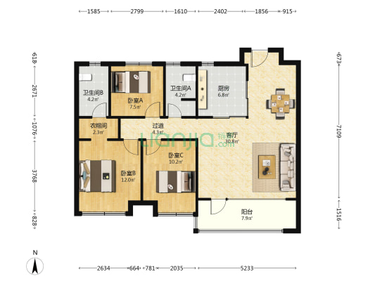 万科城市之光二三期 3室1厅2卫 118平方