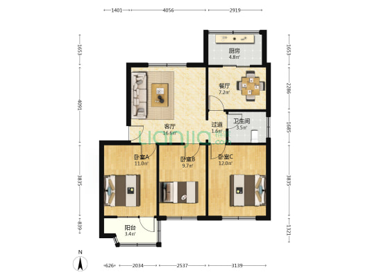 邮电局宿舍楼 3室2厅1卫 84平方