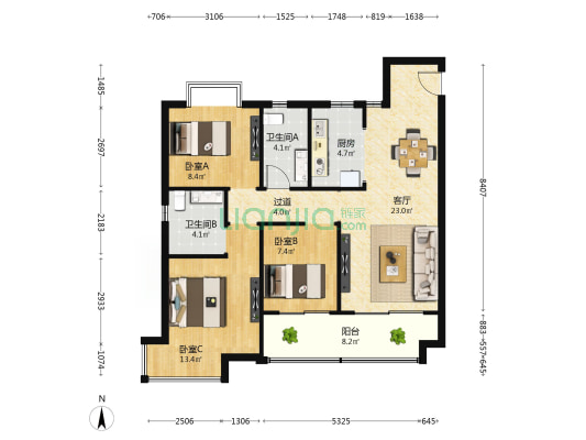 东投华章欣悦府 3室1厅2卫 104平方