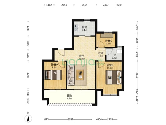 风鹭湾花苑 3室1厅1卫 90平方