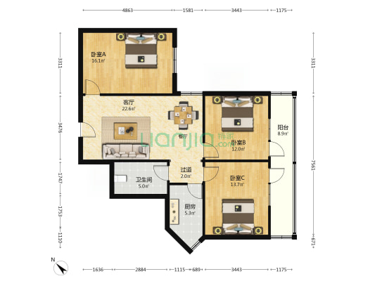 粮食局家属院(莲湖) 3室1厅1卫 104平方