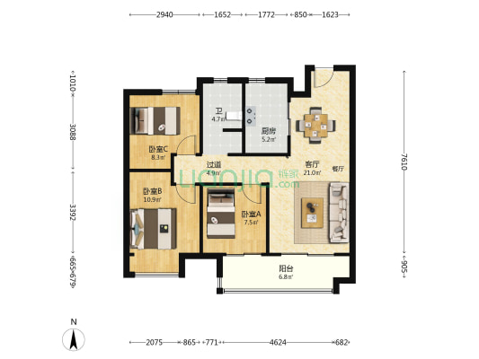 万科美景魅力之城清澜园 3室1厅1卫 95平方