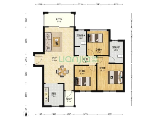 长房明宸府 3室1厅2卫 121平方