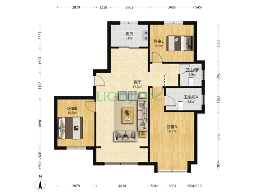 印象城大社区，南北通透三居室，有房本大产权-户型图