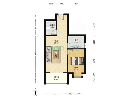 出售华阳主路朝南正规一居室户型方正采光充足-户型图