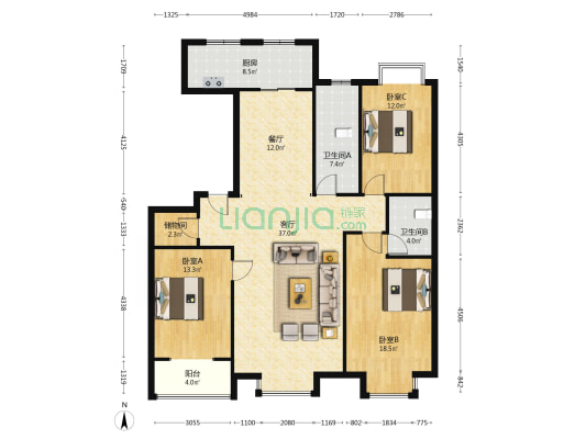 尊邸，南北通透格局，三阳开泰，精装修，拎包入住-户型图