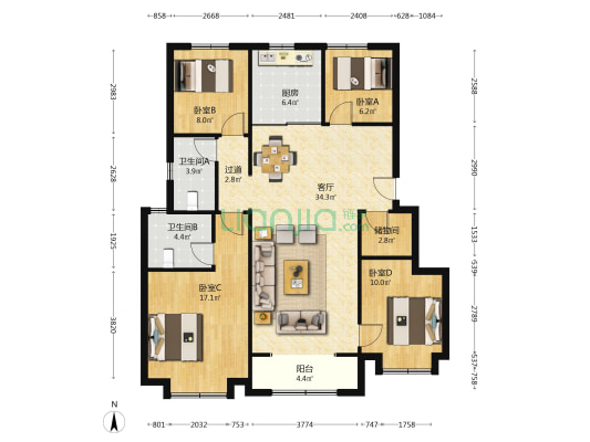 振业御湖 4室1厅2卫 128平方