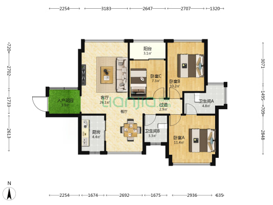 清能思源府 3室1厅2卫 90平方