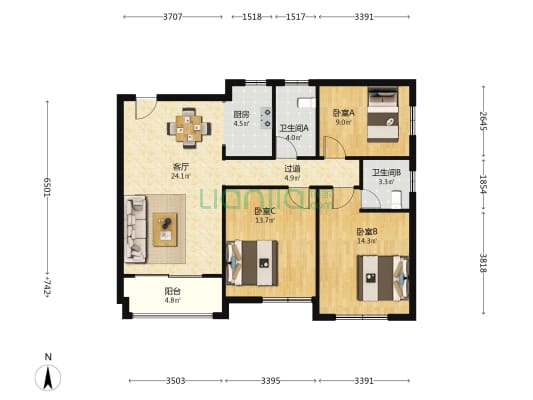 联晟大厦 3室1厅2卫 113平方