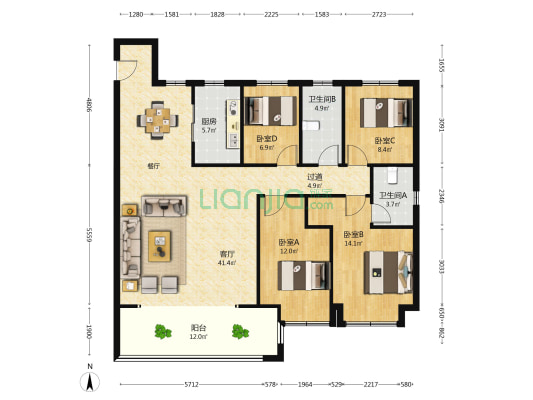 富江春居 4室1厅2卫 146平方