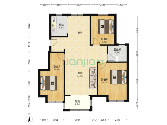 东方御景二期 3室1厅1卫 111平方
