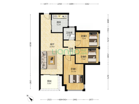 卓越蔚蓝领秀 3室1厅1卫 82平方