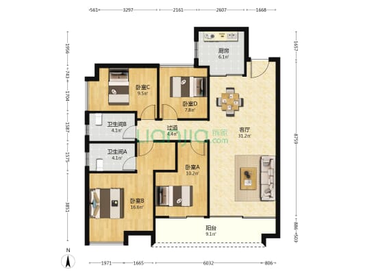 金茂越秀雨花金茂智慧科学城 4室1厅2卫 121平方