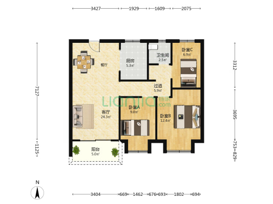 海伦堡大城小院 3室1厅1卫 97平方