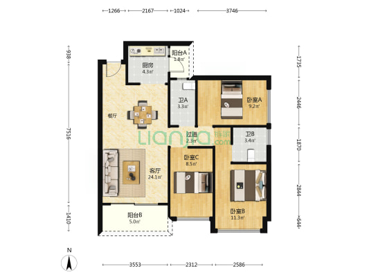 旭日盛世园 3室1厅2卫 89平方