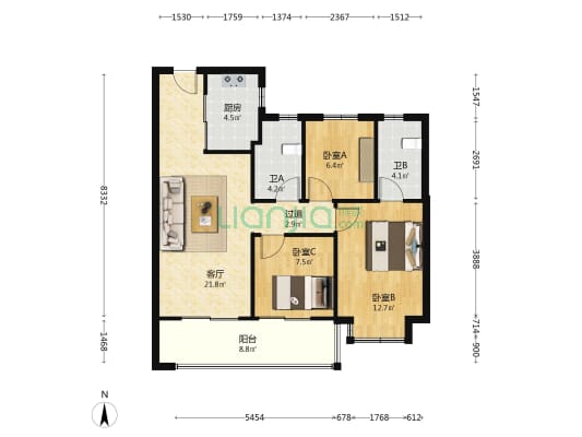 保利朗玥旭章 3室1厅2卫 98平方