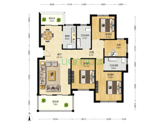 春天里 4室1厅2卫 121平方