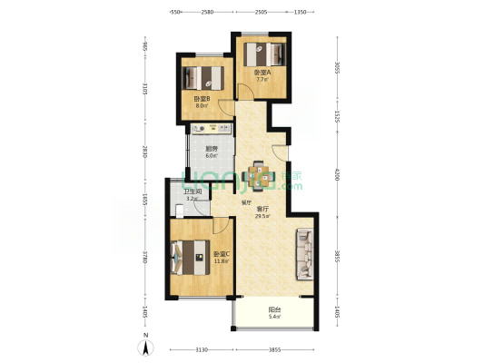 兴港永威·观樾 3室1厅1卫 96平方
