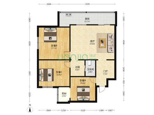 桃园北路工行宿舍 3室1厅1卫 120平方