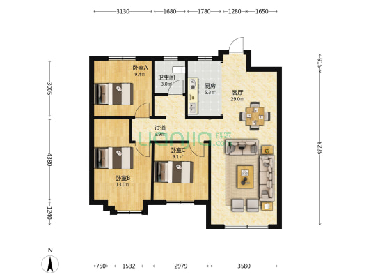 荣科丽苑 3室1厅1卫 108平方