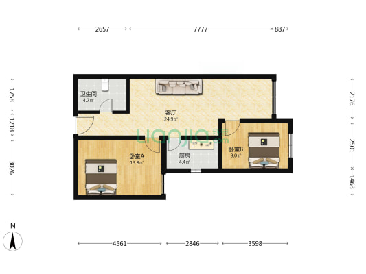恒大滨河左岸北区 2室1厅1卫 84平方