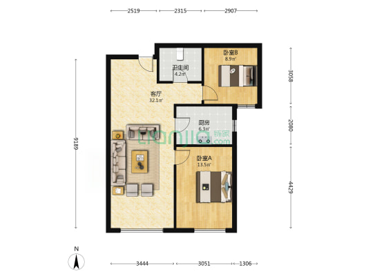 高铁新干线 2室2厅 南-户型图