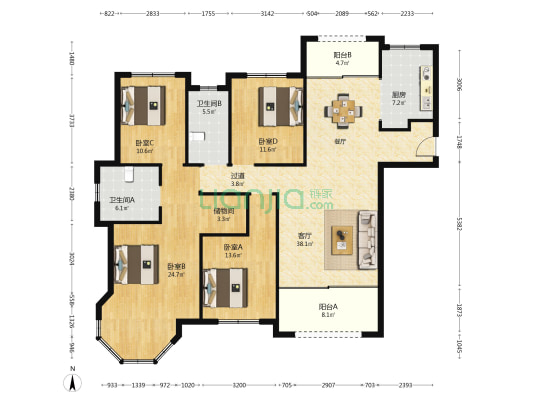 中南世纪锦城 4室1厅2卫 170平方