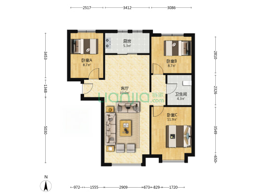 南北三居，干净整洁， 房东诚心卖。-户型图