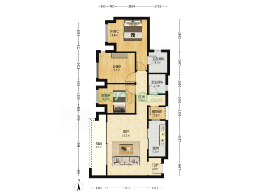 金地自在城领峯 3室1厅2卫 89平方