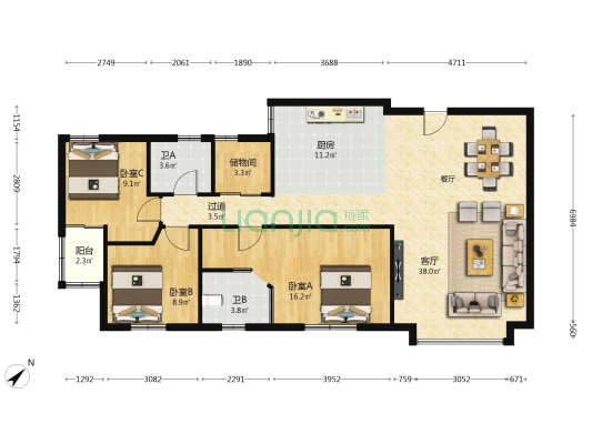 鸿福大厦 3室1厅2卫 129平方