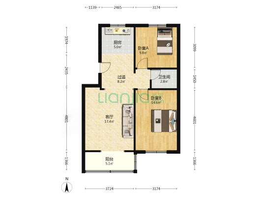 花园北里 2室1厅1卫 78平方