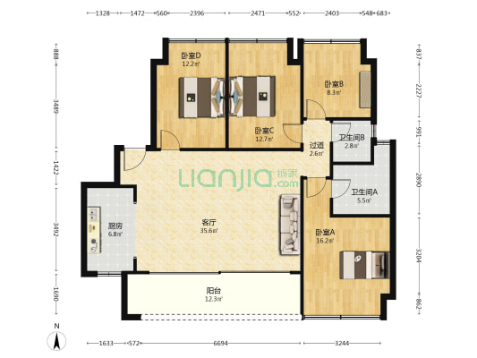 北辰香麓A区 4室1厅2卫 125平方