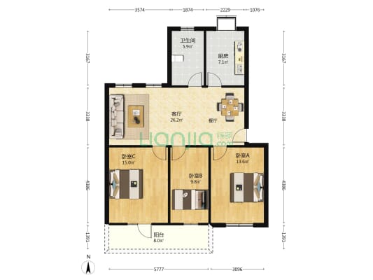 长变小区 3室1厅1卫 101平方