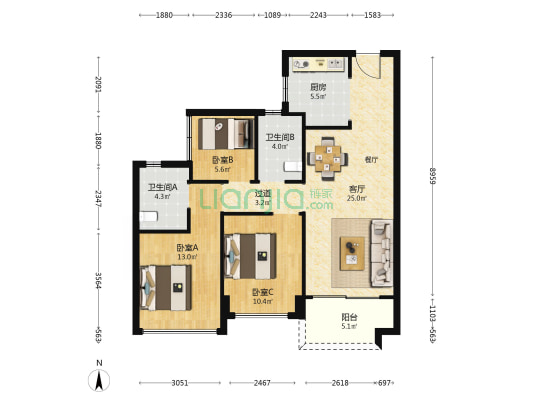 融创深悦府 3室1厅2卫 89平方