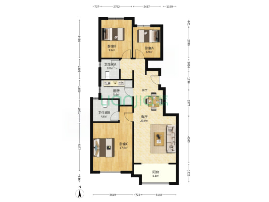 金地正华漾时代 3室1厅2卫 105平方