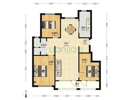 绿城海上明月 3室1厅1卫 109平方