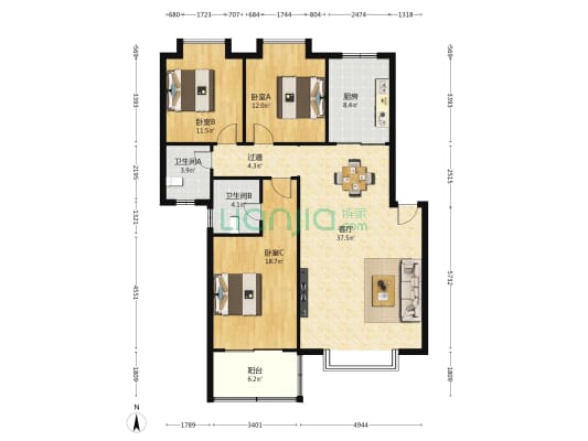 远通苑 3室1厅2卫 122平方