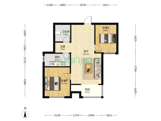 现代颐和苑 2室1厅1卫 87平方