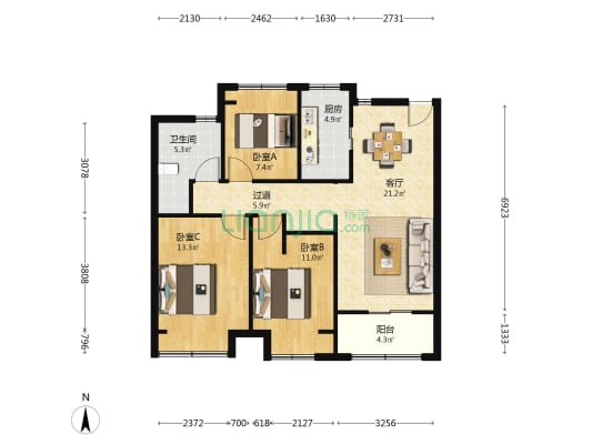 华发星辰海 3室1厅1卫 97平方