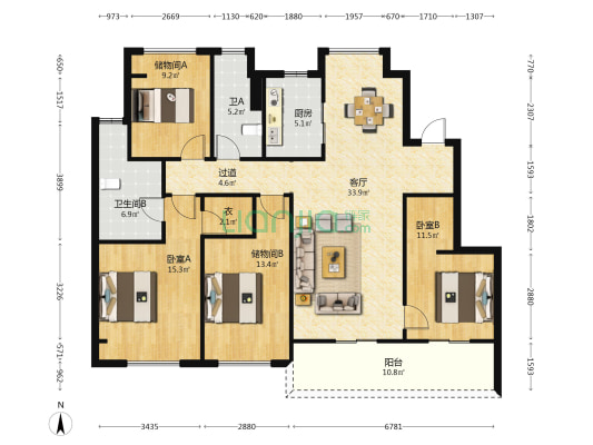 观澜逸品花苑南区 2室1厅2卫 134平方
