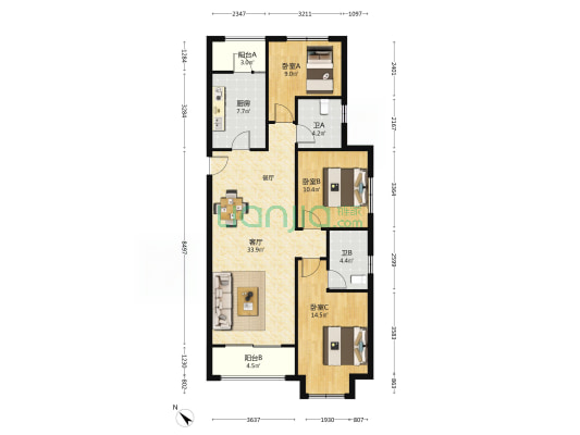 俊发观云海云晖苑 3室1厅2卫 129平方