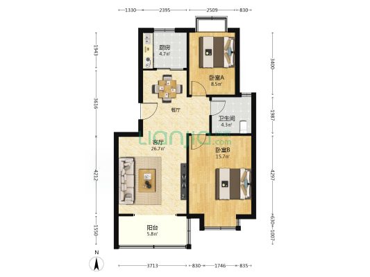 听水花园 2室1厅1卫 82平方