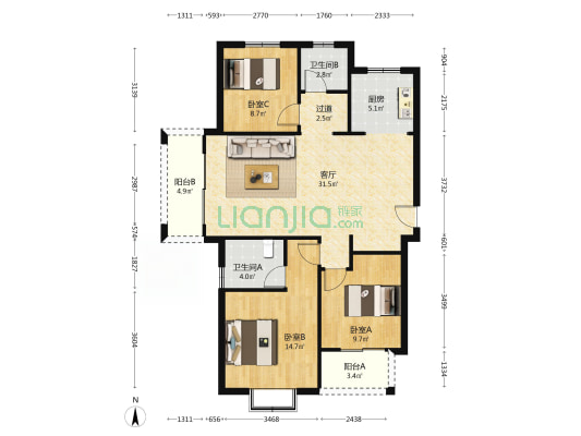 奥园玖珑天境 3室1厅2卫 126平方