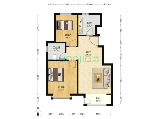 中国铁建桥馨苑 2室1厅1卫 93平方