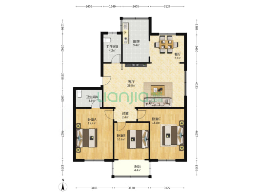 康桥银座 3室2厅2卫 135平方