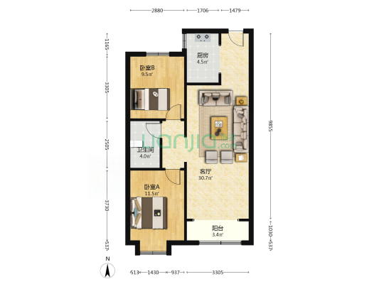 汇元-玖號院 2室1厅1卫 91平方
